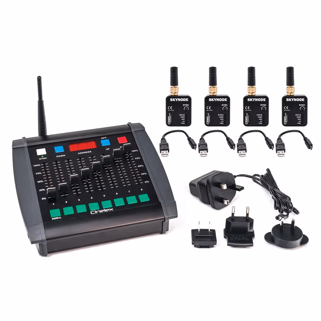 Cinelex - Starter Pack DMX Sans-fil - DESK-TX8 Émetteur portable & 4x Récepteurs SKYNODE