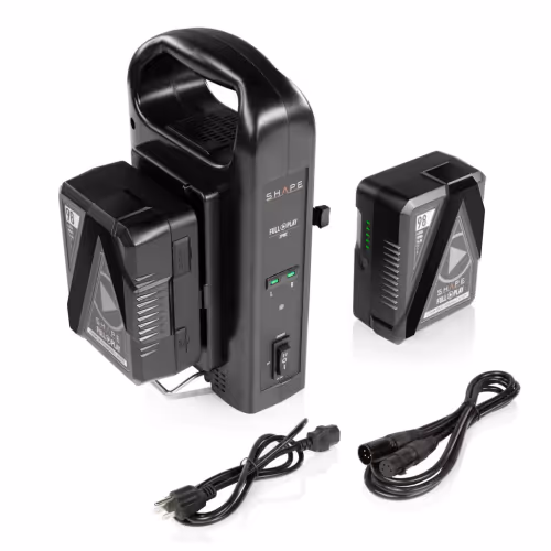 Shape - Two SHAPE FULL PLAY 14.8 V 98 WH rechargeable lithium-ion V-mount batteries with SHAPE FULL PLAY intelligent dual V-mount battery charger