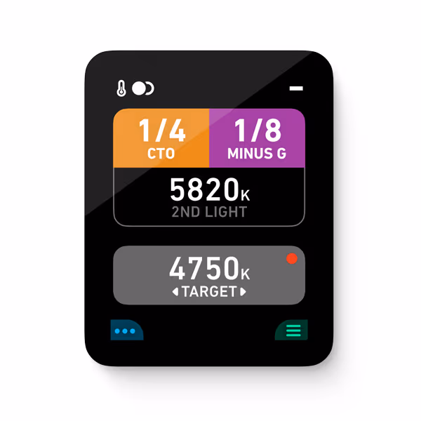 Color Filters: Measure two lights and see the correction filters. Easily re-measure both.